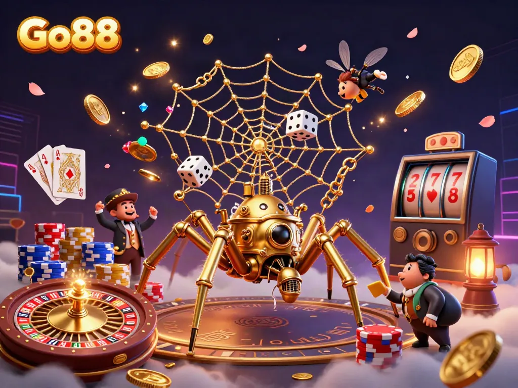 Engage with Go88's thrilling gaming experience featuring a golden spider and dynamic casino elements.