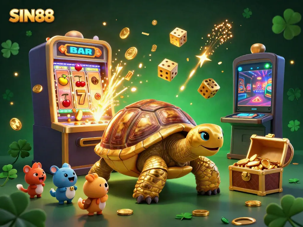 SIN88 slot machine jackpot scene featuring a tortoise pinball machine and excited players.