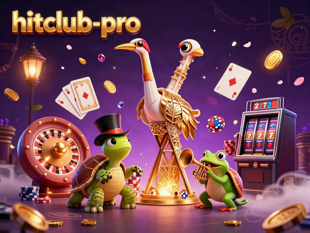 Win with hitclub-pro at a vibrant casino scene featuring a top-hat turtle, a crane, and a trumpet frog.