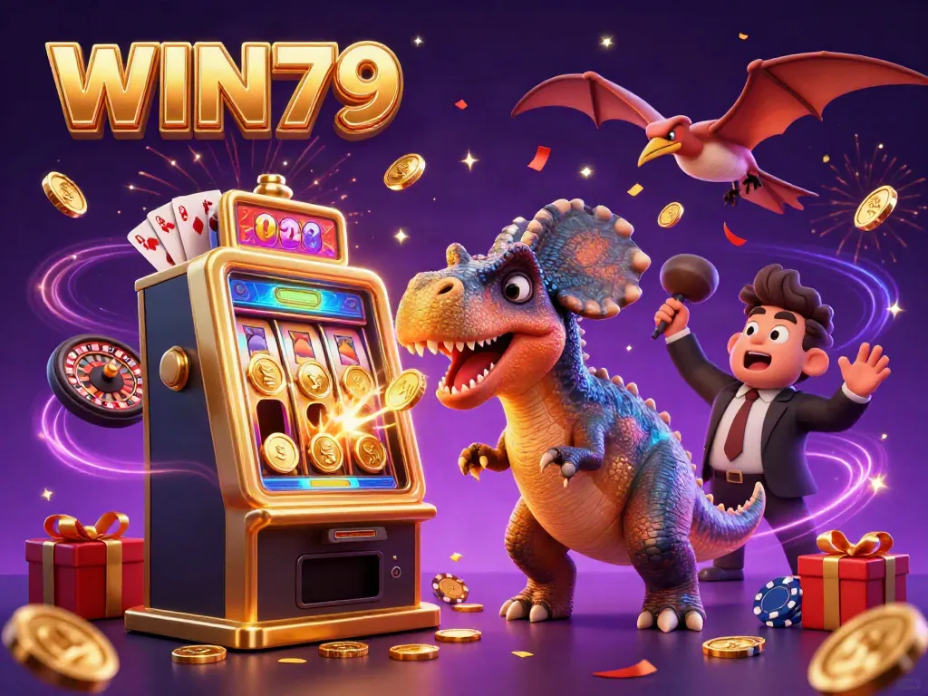WIN79 casino scene with a pachycephalosaurus and a golden slot machine celebrating a jackpot