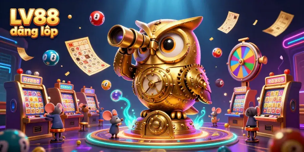 Experience the excitement of LV88 đăng nhập with dynamic casino elements and a magical golden owl scene.