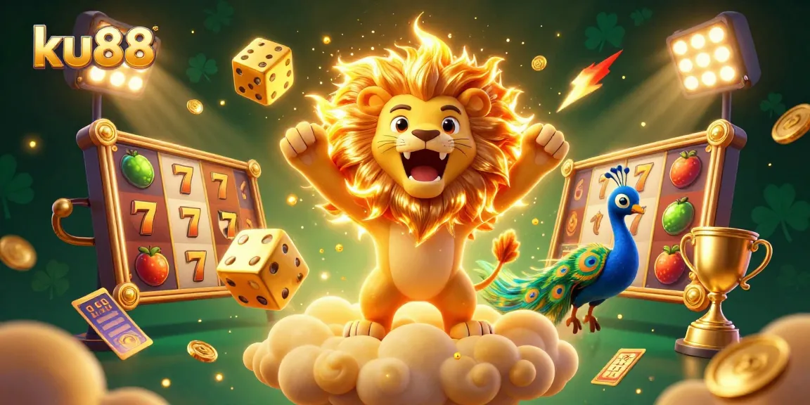 Engage in the thrilling world of ku88 with a captivating lion mascot amidst dynamic casino illustrations.