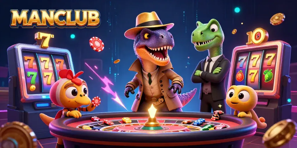 MANCLUB-themed illustration featuring a velociraptor at a roulette table amid slot reels, capturing the casino energy.