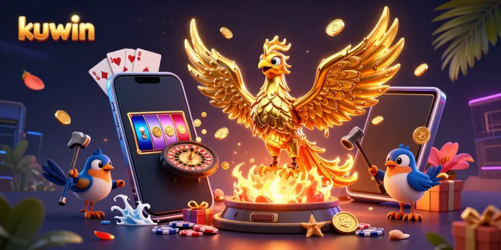 Engage with kuwin's dynamic golden phoenix and casino gaming elements in vibrant 3D illustration.