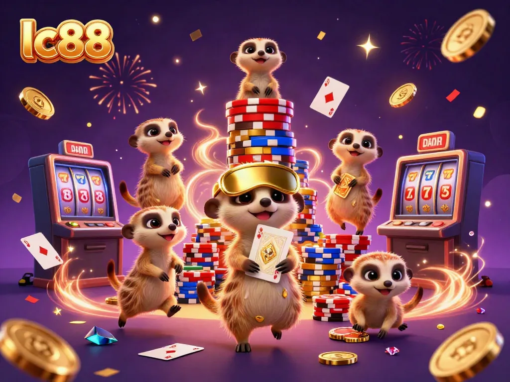 Experience excitement at lc88 with cartoon meerkats managing a bustling casino in vibrant 3D art.