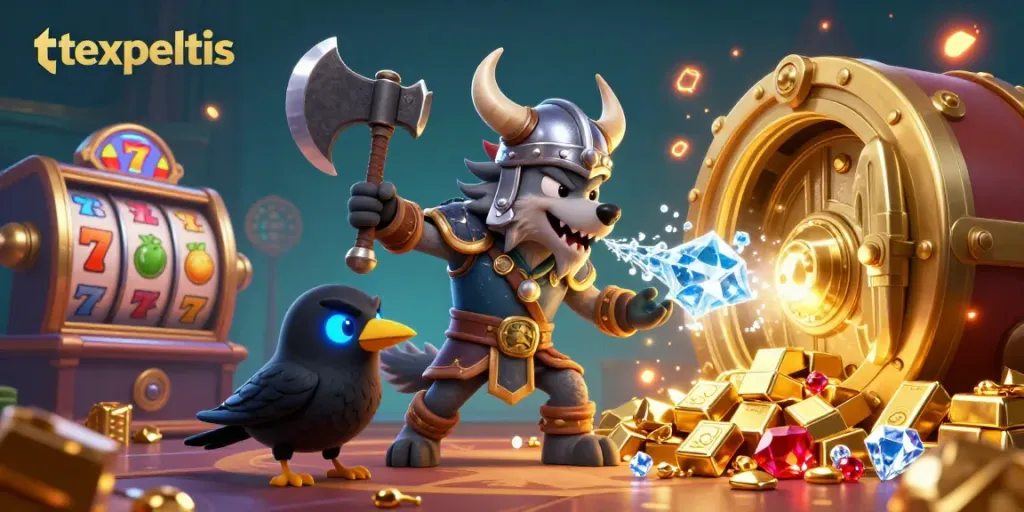 Mengaktifkan slot di platform texpertis dengan simbol jackpot dan karakter Viking di kasino.