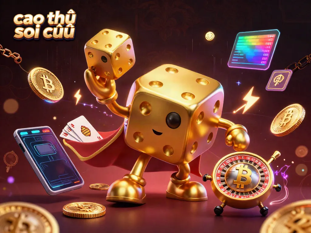 Engage with cao thủ soi cầu as the golden dice golem juggles dice amidst neon casino excitement.