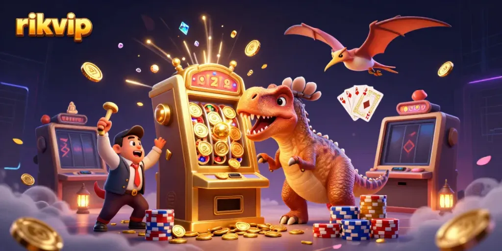 Catch exciting jackpots with rikvip in a vibrant 3D casino scene featuring thrilling characters and dazzling coins.