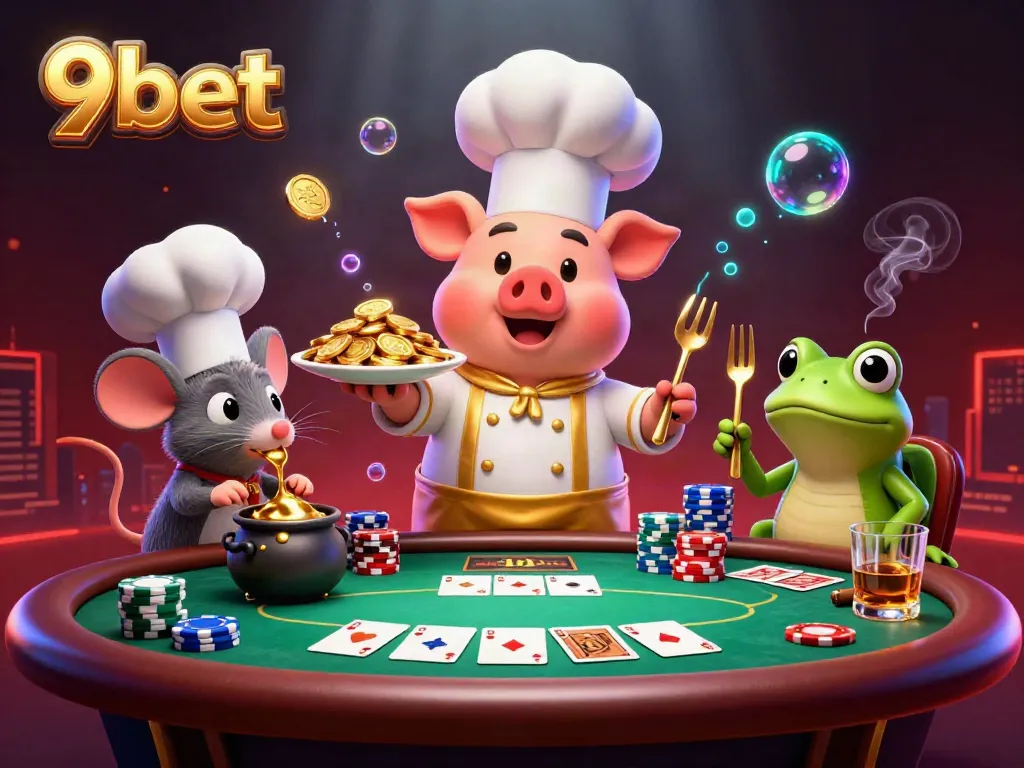 Experience thrilling casino excitement with 9bet's vibrant scene featuring playful cartoon characters and rich game elements.