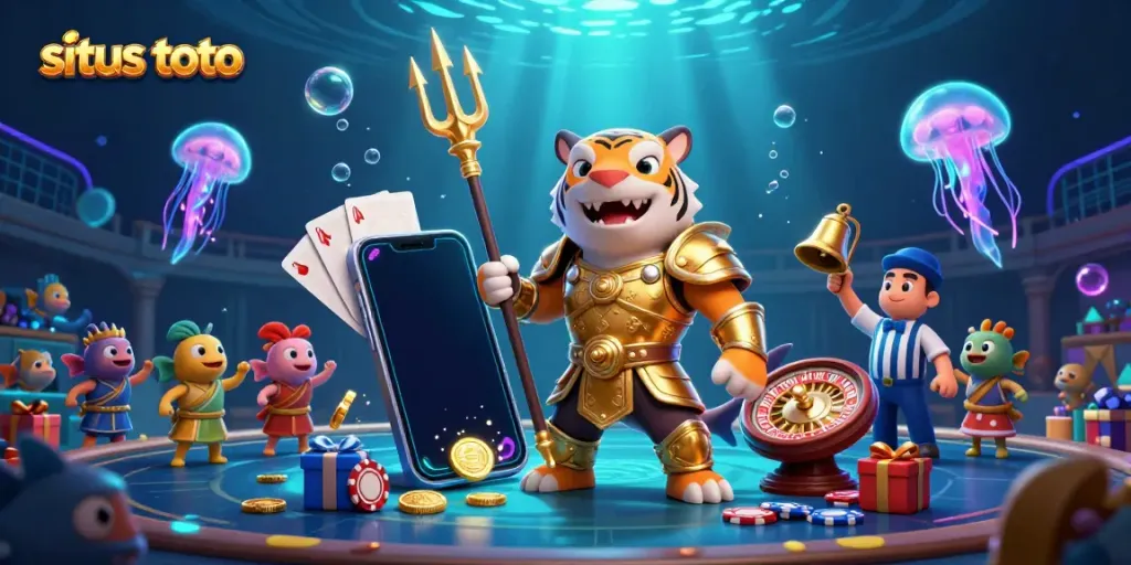 Ilustrasi 3D situs toto dengan hiu kartun bersenjata trident di arena bawah laut.