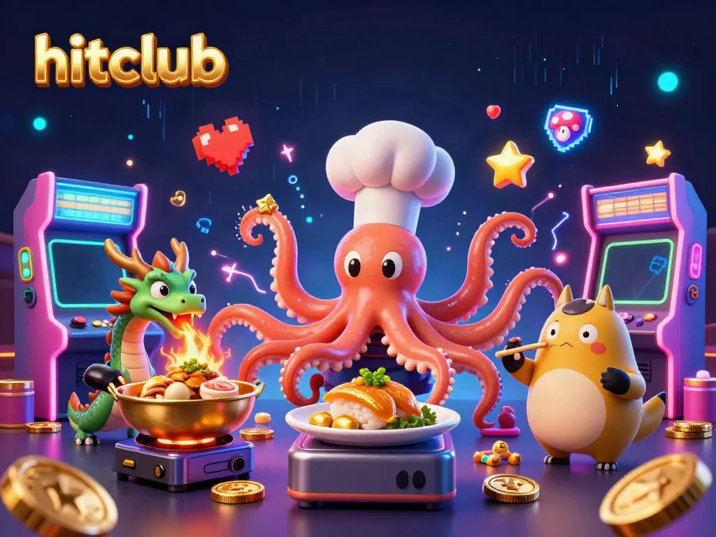 Hitclub's vibrant casino atmosphere featuring an octopus chef creating gold winning dishes with a fire-breathing dragon.