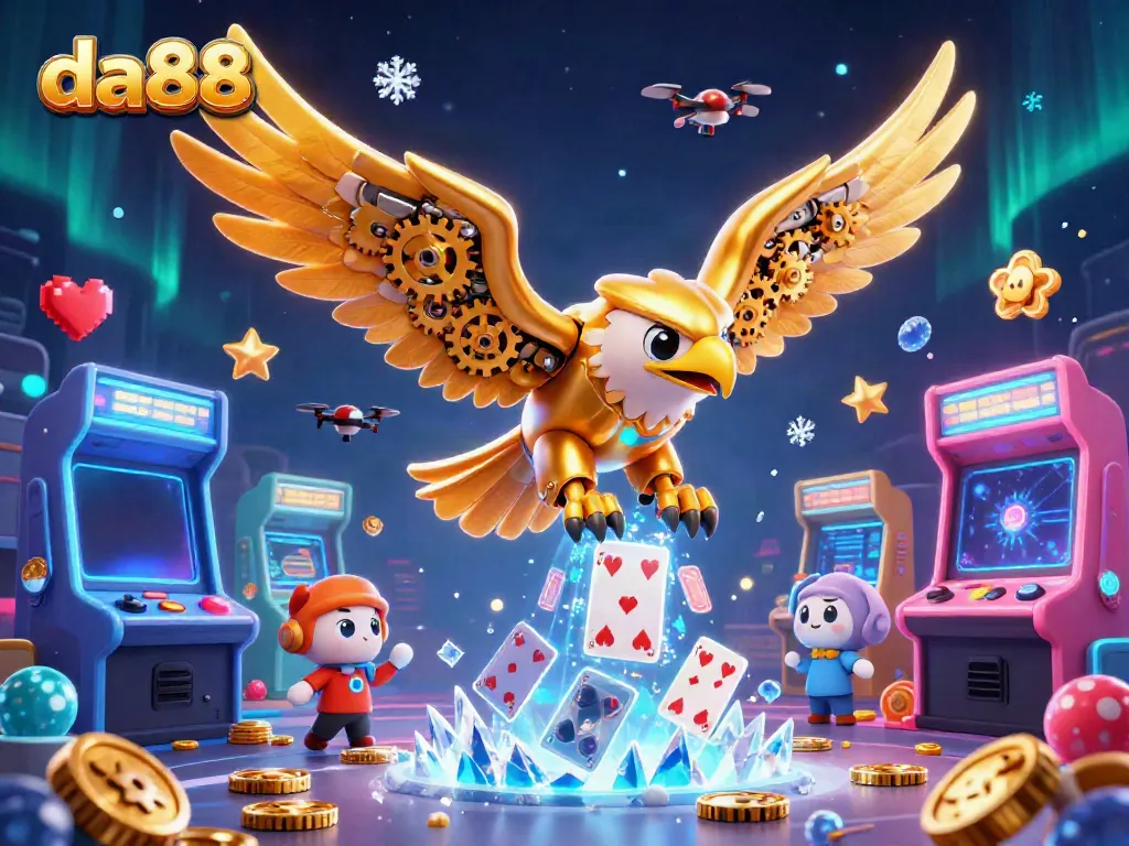 Experience thrilling gameplay with da88 as the cybernetic golden eagle dives amidst holographic cards and arcade machines.