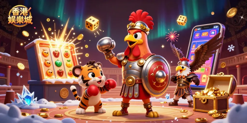 Experience thrilling action at 香港娛樂城 as a gladiator rooster battles with a tiger cub in this vibrant casino illustration.