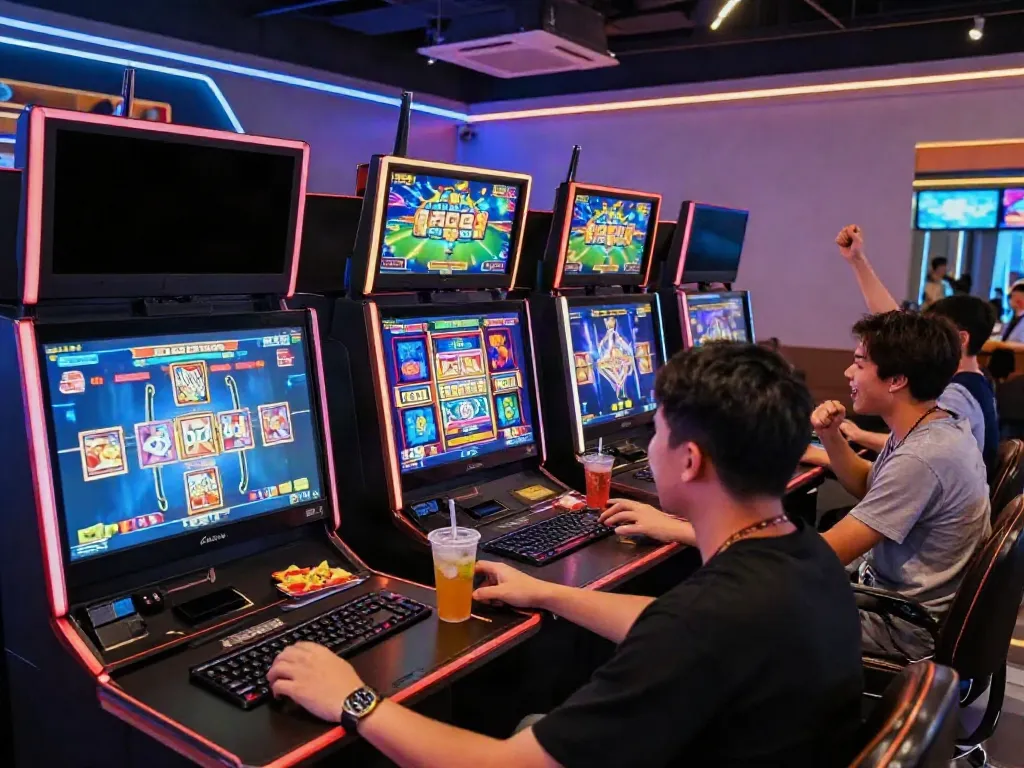 Group enjoying a vibrant slot gacor gaming experience in a modern lounge.