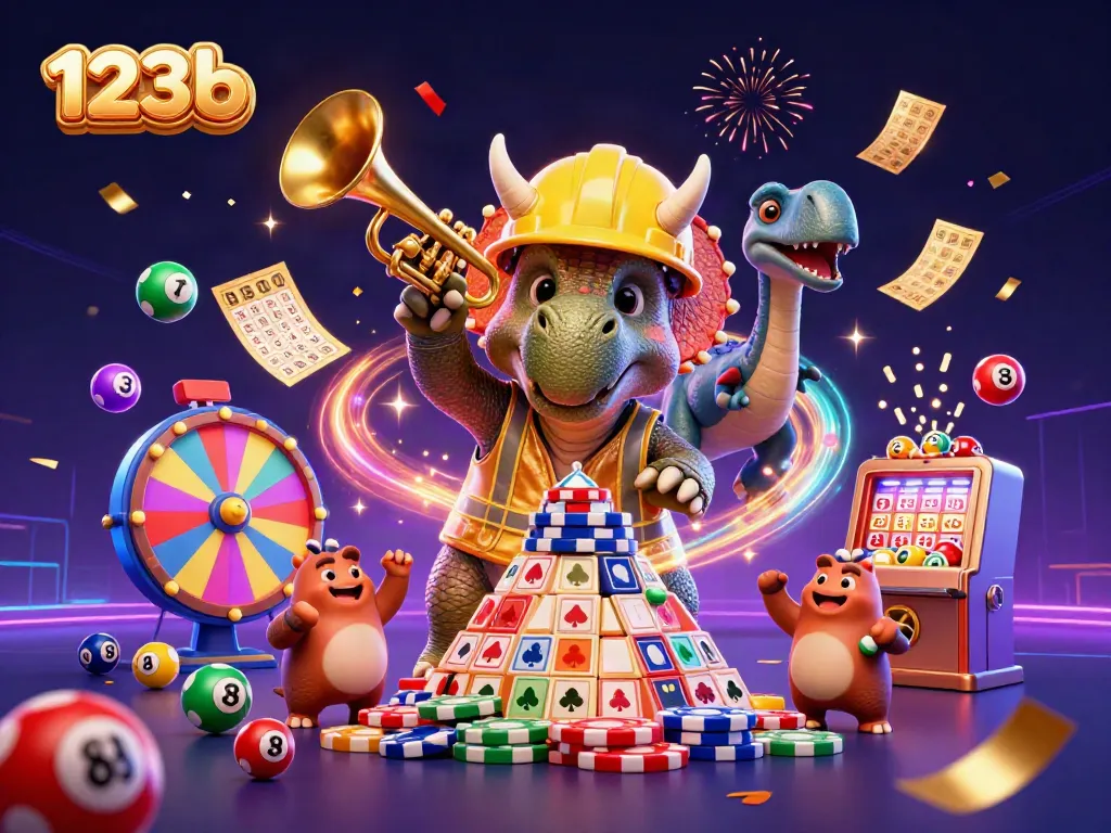Engage in thrilling gameplay at 123b with colorful lottery balls, confetti, and cheerful characters.