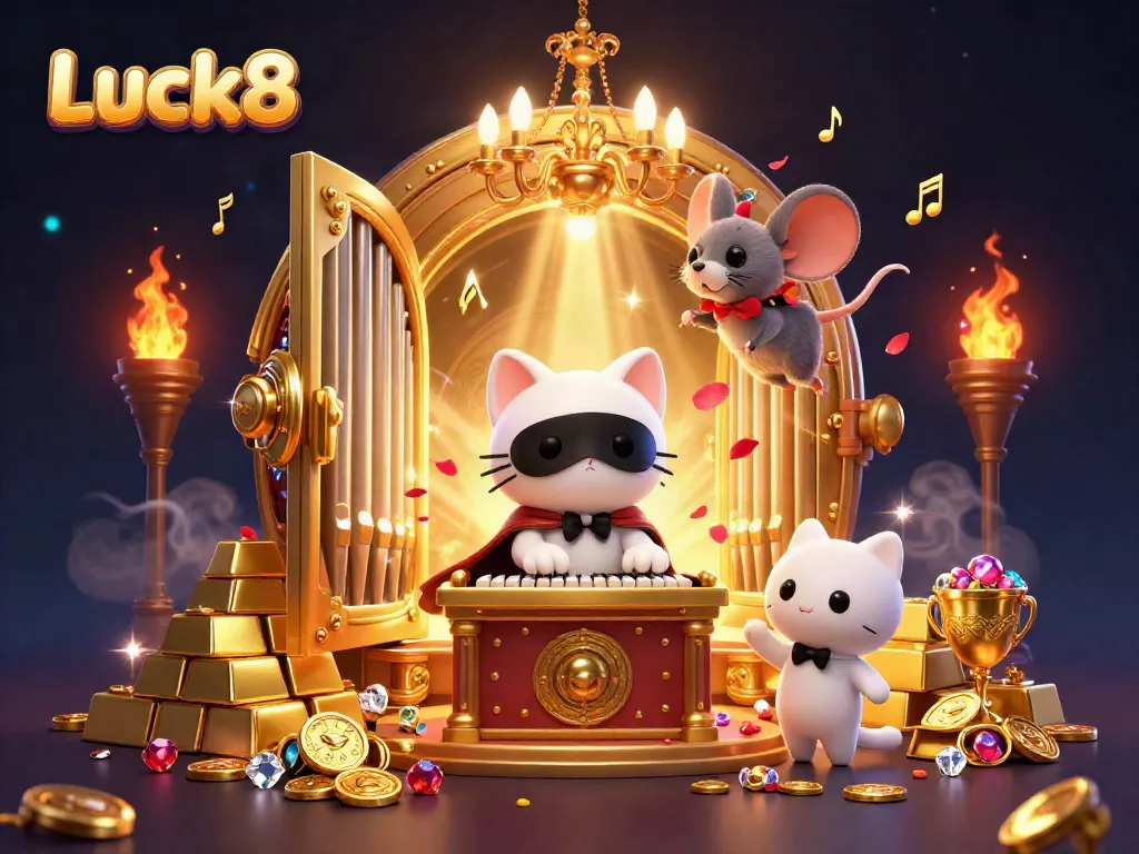 Engage with Luck8's thrilling casino experience featuring treasure and animated characters in a vibrant scene.
