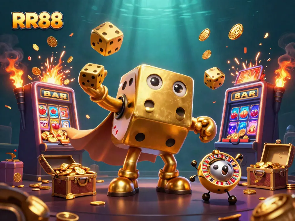 Experience the thrill of RR88 with vibrant 3D casino characters surrounded by dynamic gaming symbols.