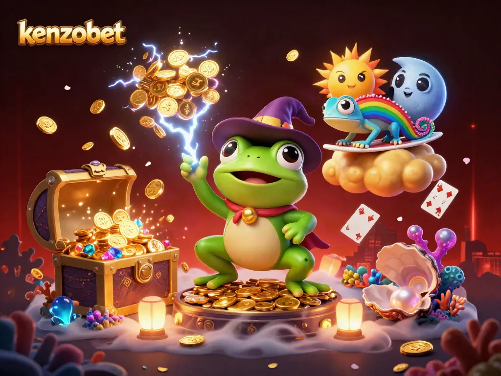 Kenzobet presents an engaging scene with a wizard frog and chameleon amidst golden coins and vibrant underwater treasures.