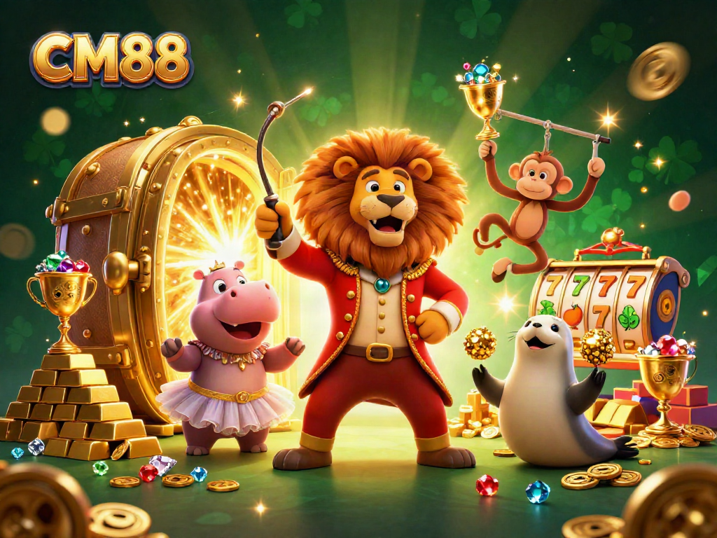 Experience CM88's vibrant casino world with a dynamic 3D illustration of circus characters amidst golden treasures.