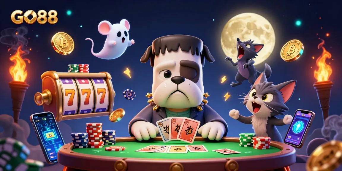 Engage with GO88's thrilling card games at a spooky casino table in this vibrant illustration.