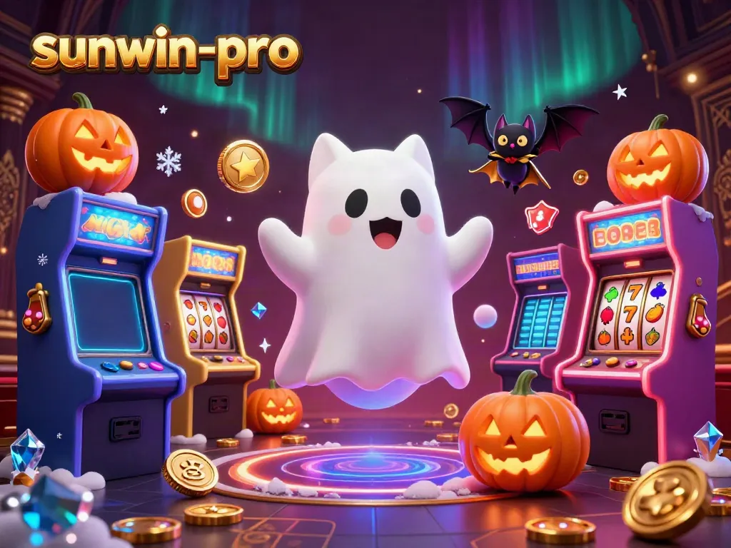 Engage with the lively scene of sunwin-pro featuring a ghost cat and bat in a haunted casino.