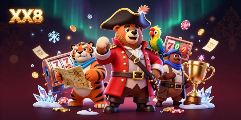 Engage with the excitement of casino gaming featuring the XX8 pirate captain bear and his crew amidst dynamic slot reels and casino chips.
