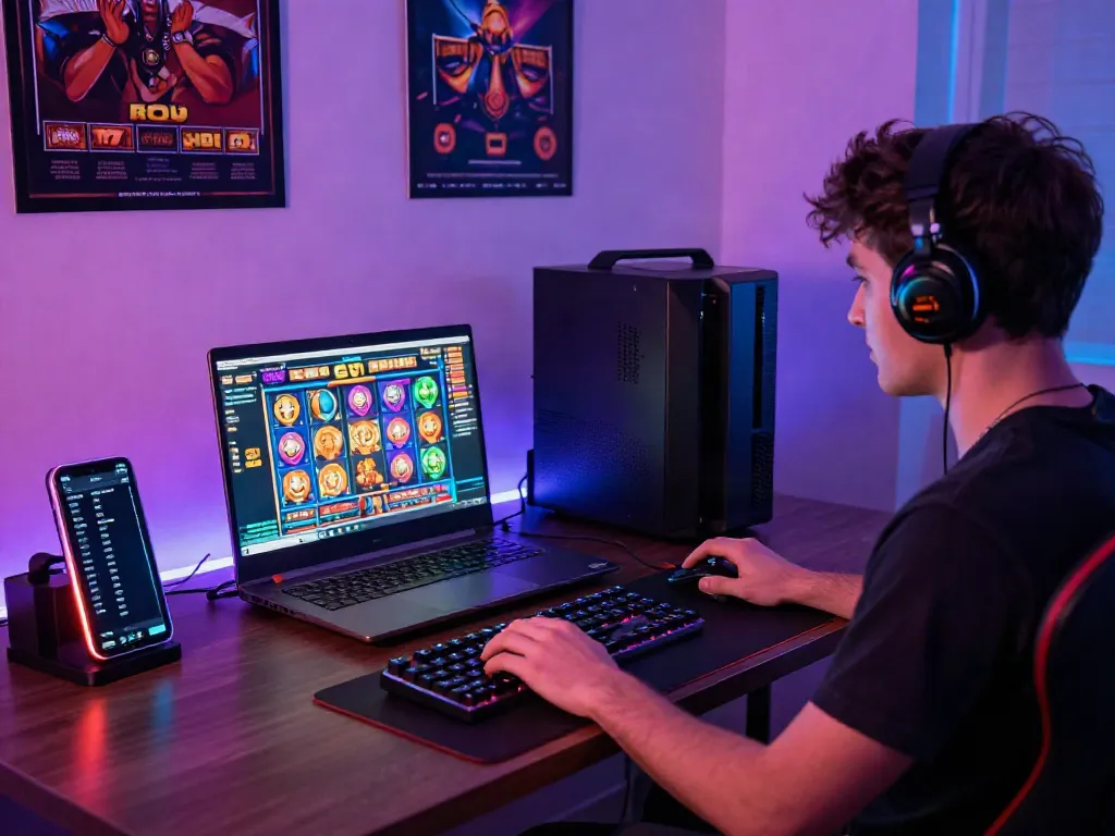 Engaged player enjoying slot88 gaming on a laptop in a vibrant gaming room.