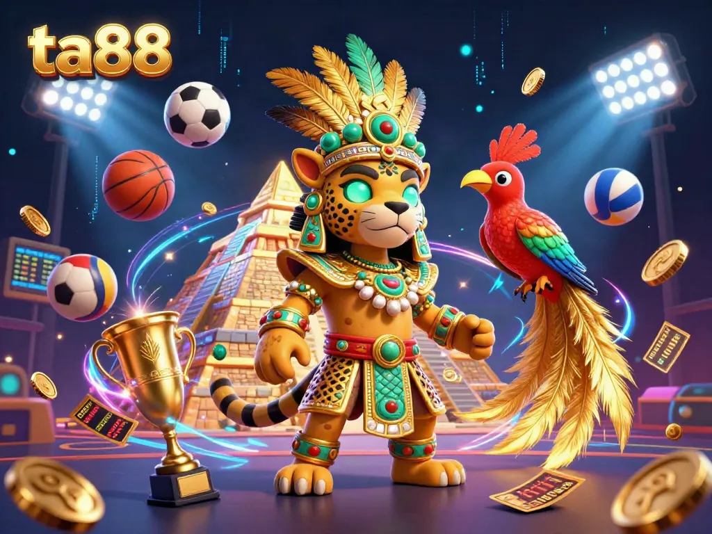 Experience the excitement of ta88 with a dynamic 3D casino scene featuring sports betting elements.