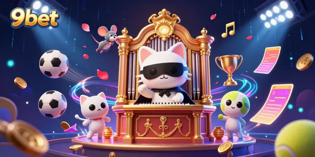 Engage with 9bet's exciting casino scene featuring dynamic 3D elements and energetic characters.