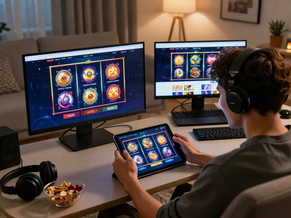 User engaging with situs slot gacor on a modern tablet in a cozy living room setting, showcasing vibrant graphics and an exciting gaming atmosphere.