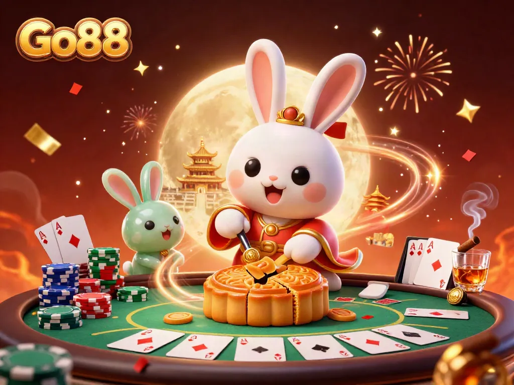 Engage in thrilling gaming at Go88 with a vibrant scene featuring poker elements and festive decor.
