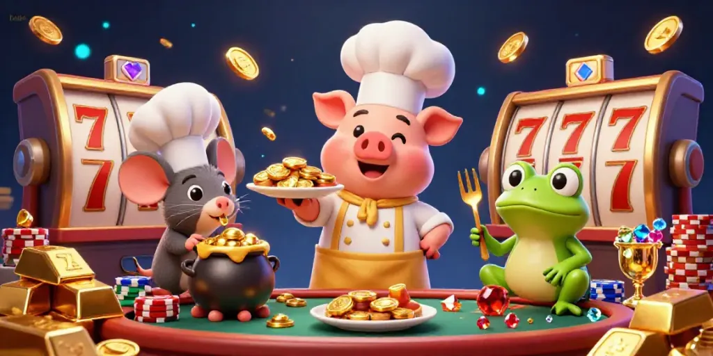 Experience the thrilling atmosphere of kubet casino with chef pig, mouse, and frog amid golden treasures.